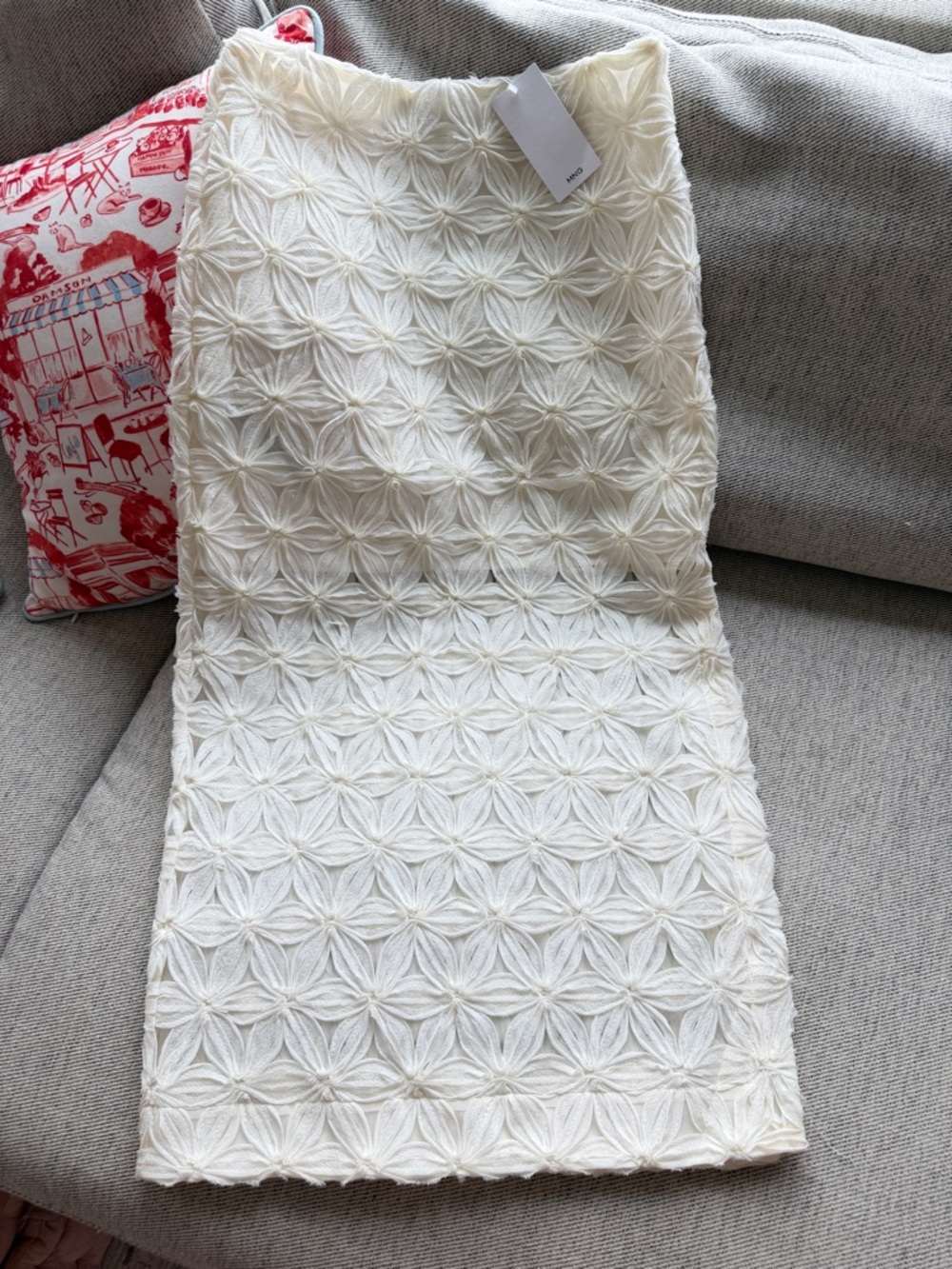 Mango Cream Textured Floral Pencil Skirt